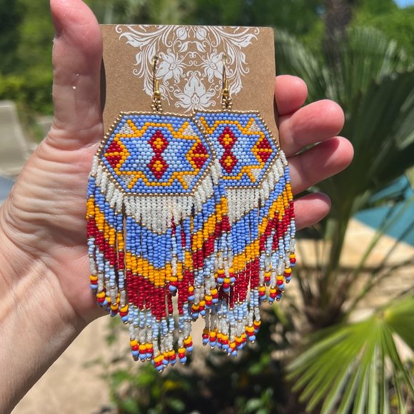 Aztec Style Artisan Beaded Earrings Southwest Long Fringe Tassel Dangle Drops - Picture 6 of 7